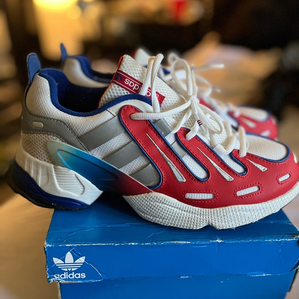 Adidas Red, Blue, and Gray Sneakers